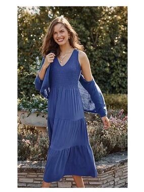 J.Jill Royal Blue Smocked Tiered Midi Dress Size L Sleeveless V-Neck